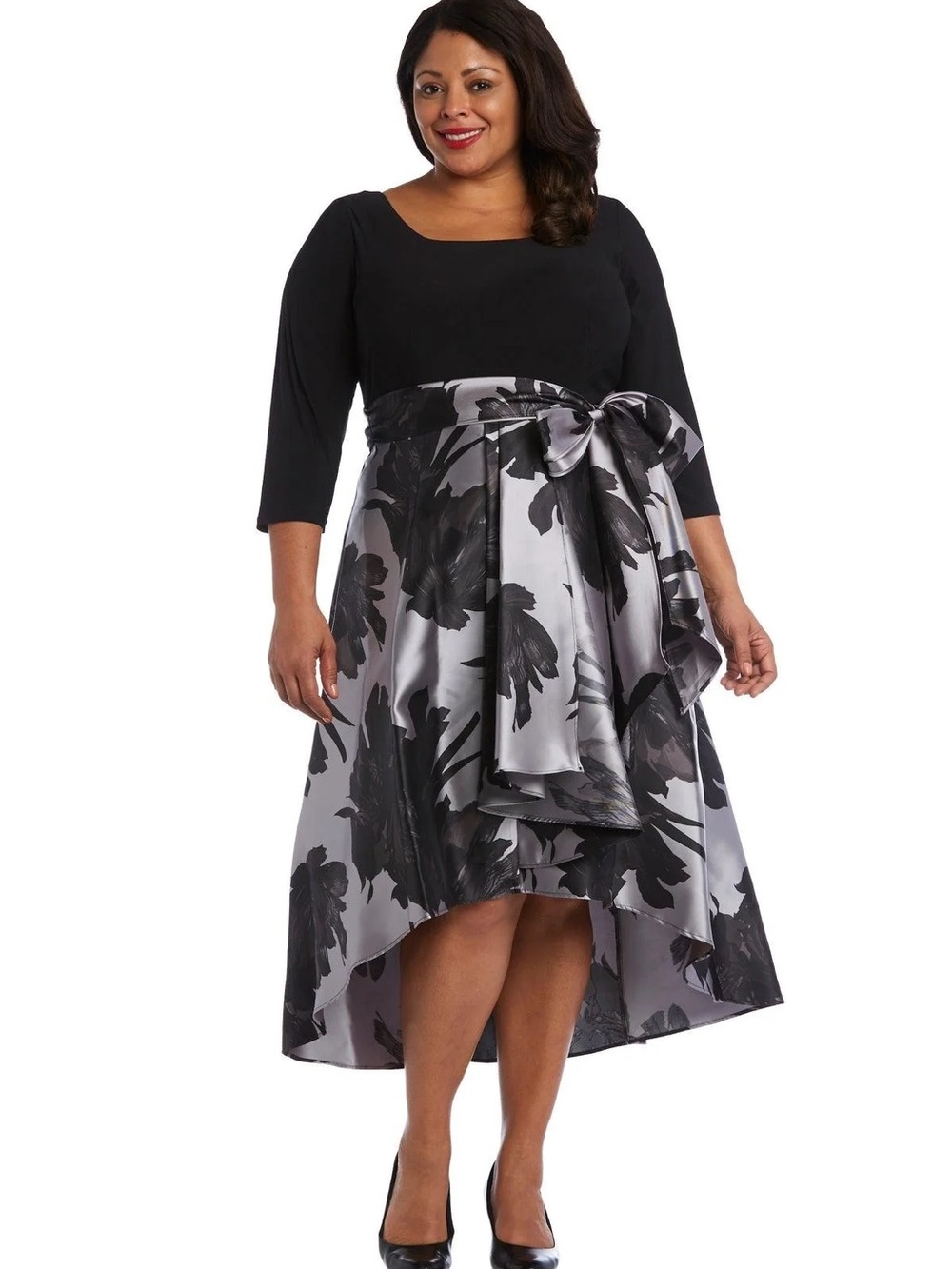 R&M Richards Black Bodice with Silver Floral Hi-Low Dress